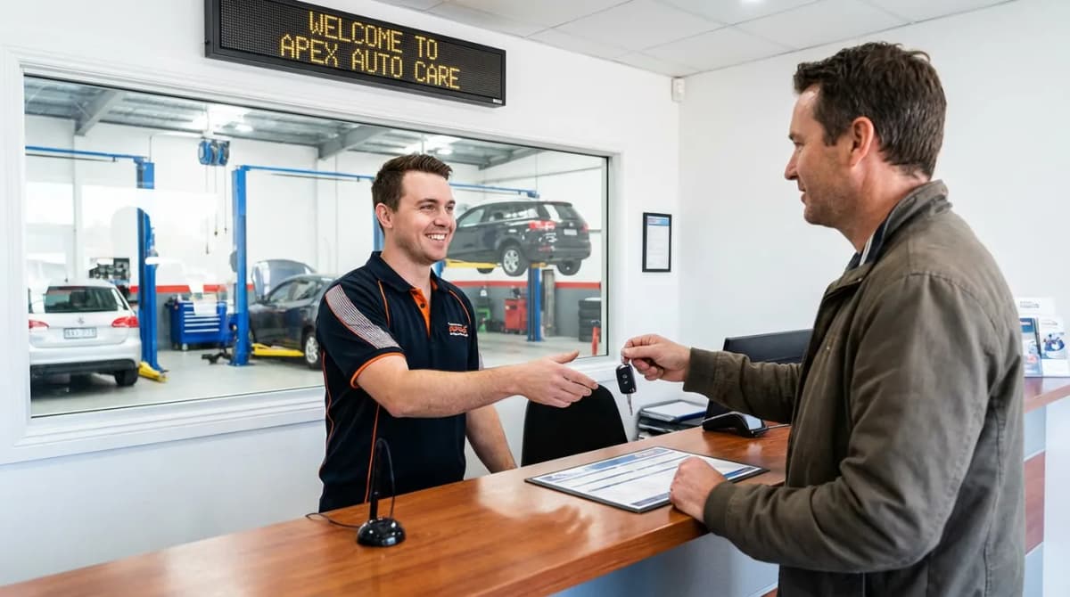 Réceptionniste accueillant un client à la réception d'un garage automobile
