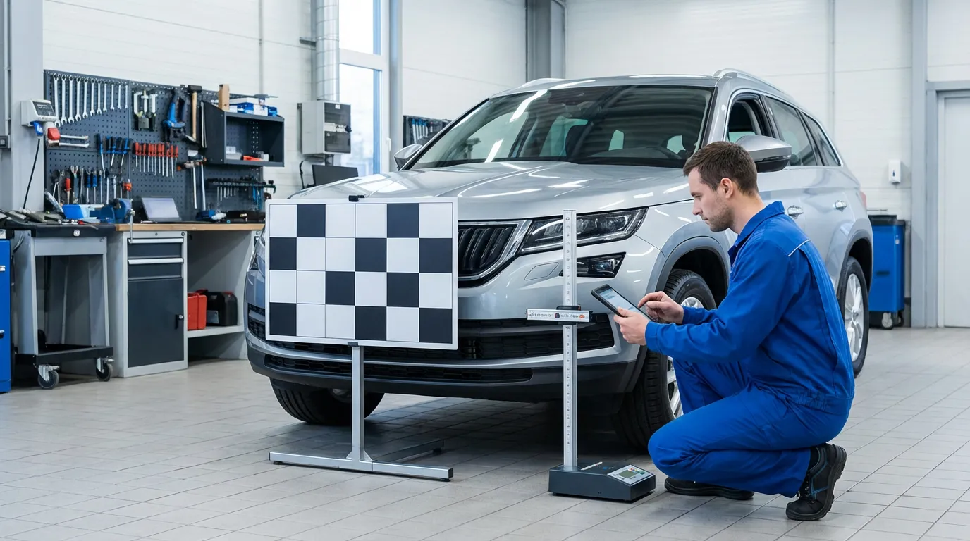Technicien calibrant un système ADAS avec une cible devant un véhicule en garage