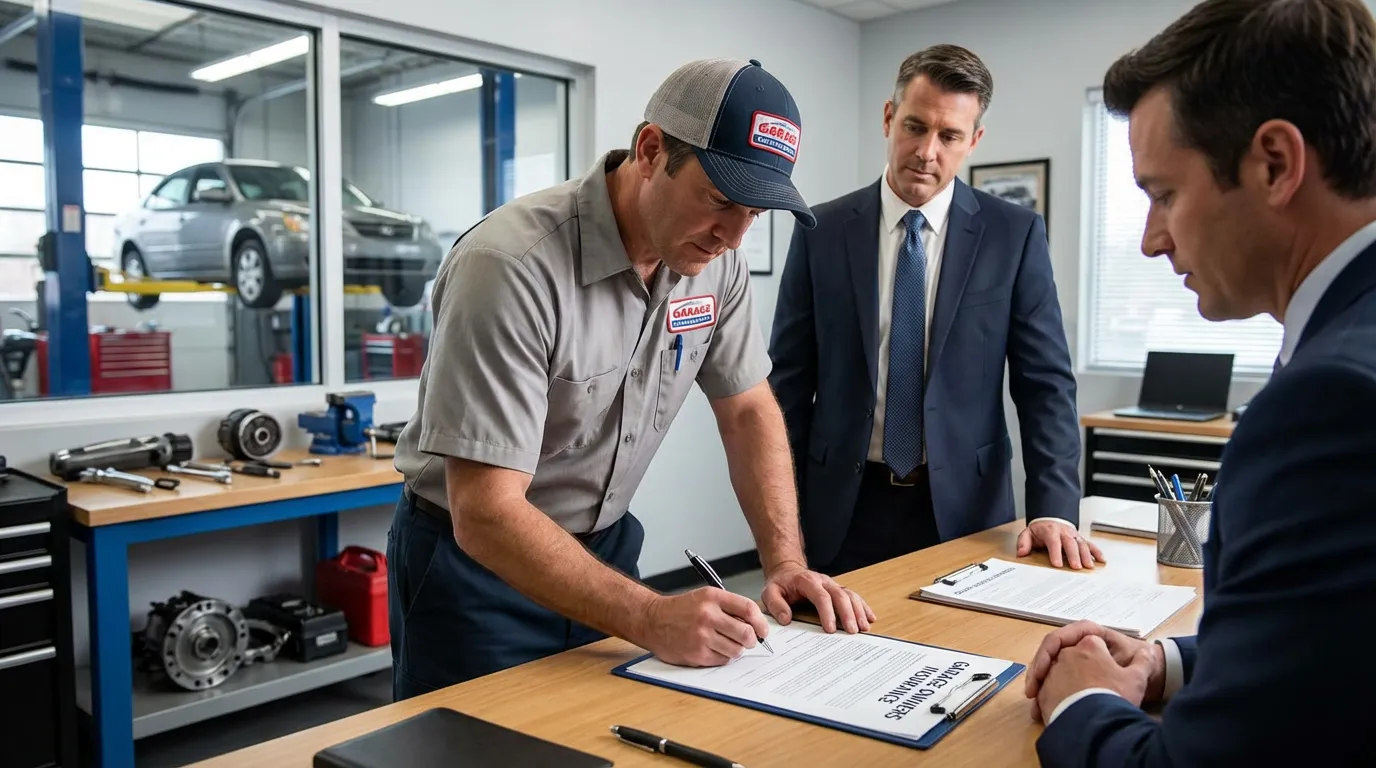 Gérant de garage signant un contrat d'assurance professionnelle