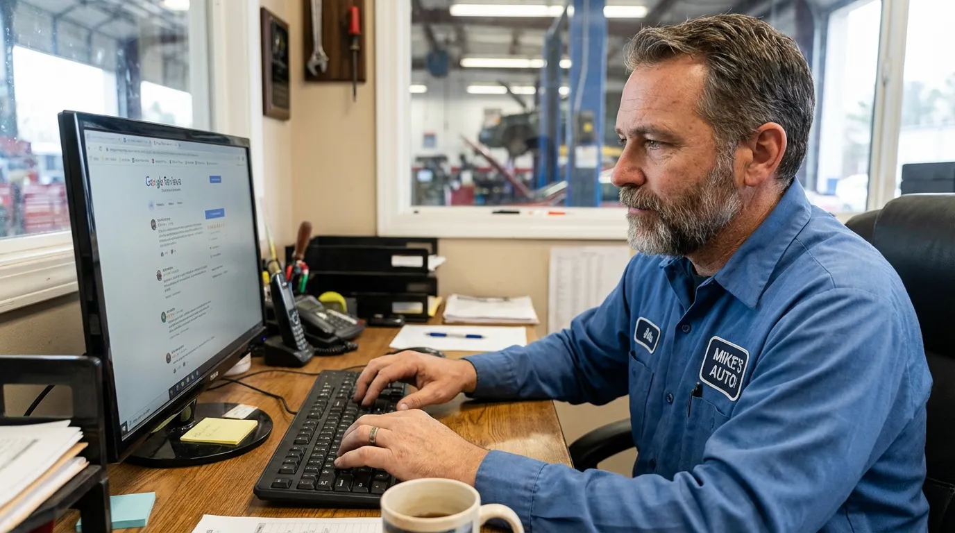 Gérant de garage rédigeant une réponse calme à un avis négatif sur Google