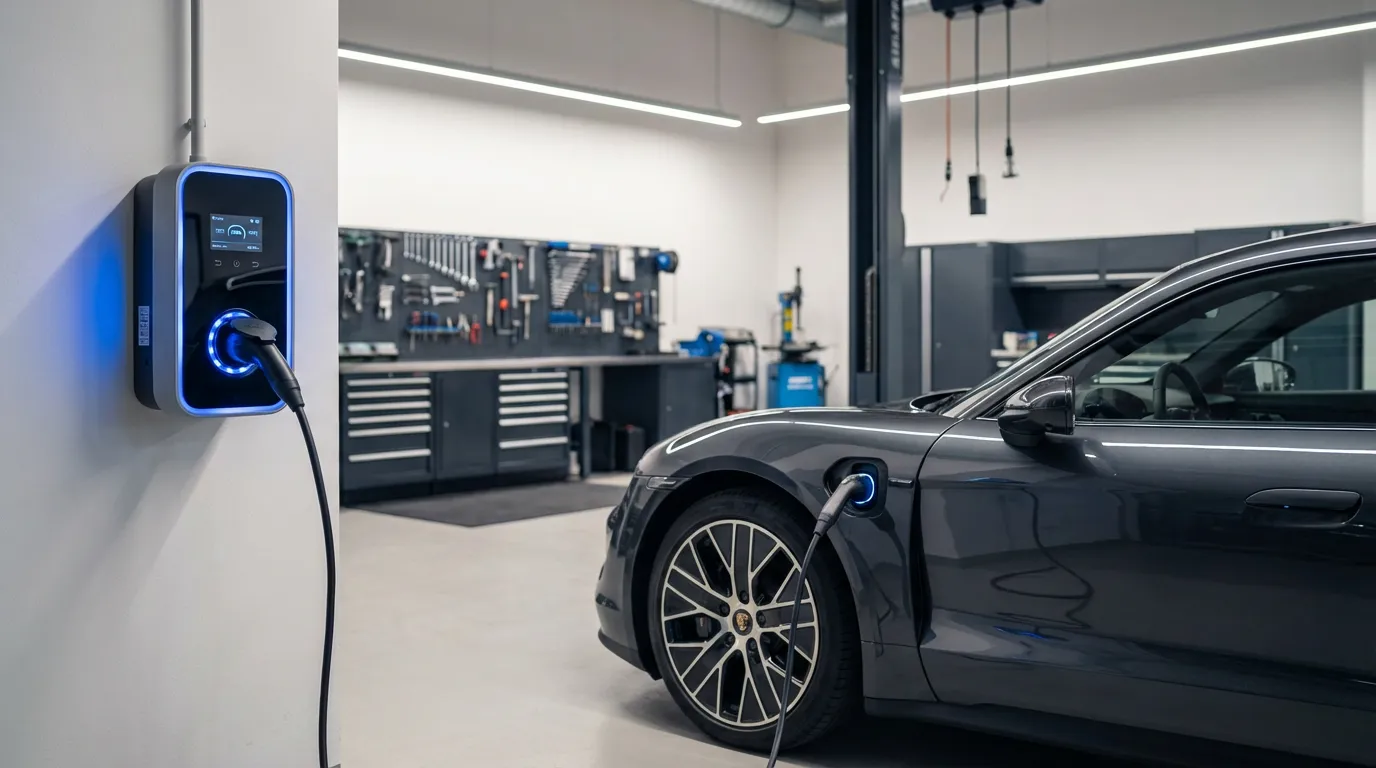 Véhicule électrique en charge sur une borne installée dans un garage automobile