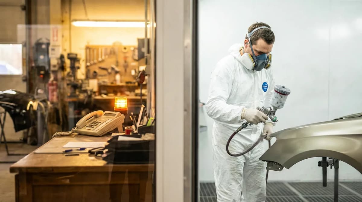 Carrossier en cabine de peinture avec masque et combinaison, téléphone en arrière-plan