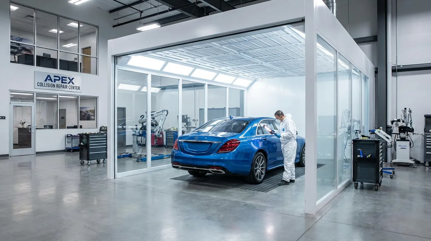 Atelier de carrosserie professionnel avec cabine de peinture moderne et véhicule en cours de réparation