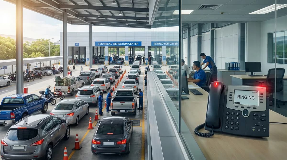 Centre de contrôle technique avec ligne de véhicules en attente et téléphone qui sonne
