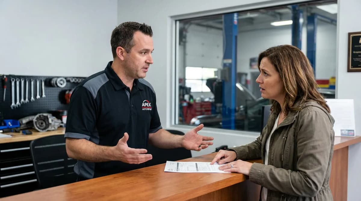 Gérant de garage en discussion calme avec un client mécontent à l'accueil