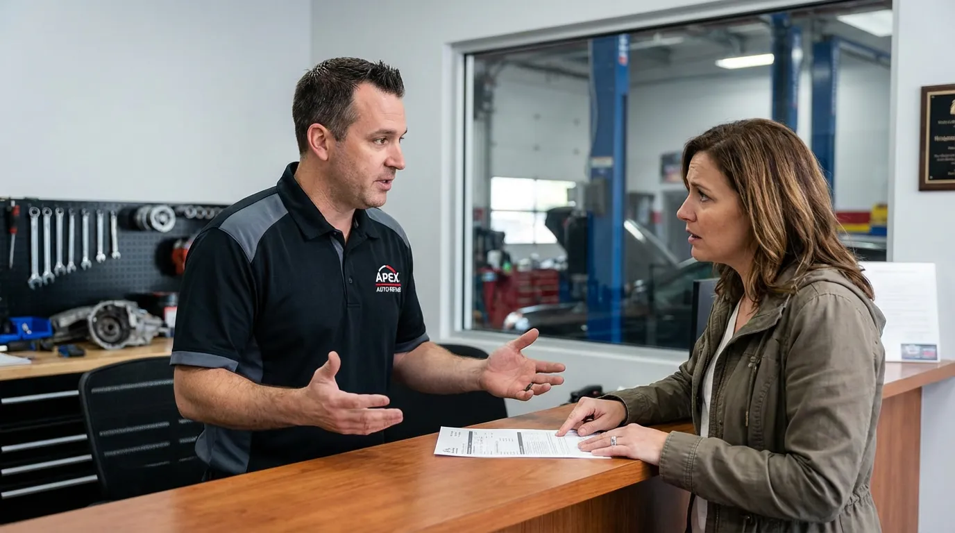 Gérant de garage en discussion calme avec un client mécontent à l'accueil
