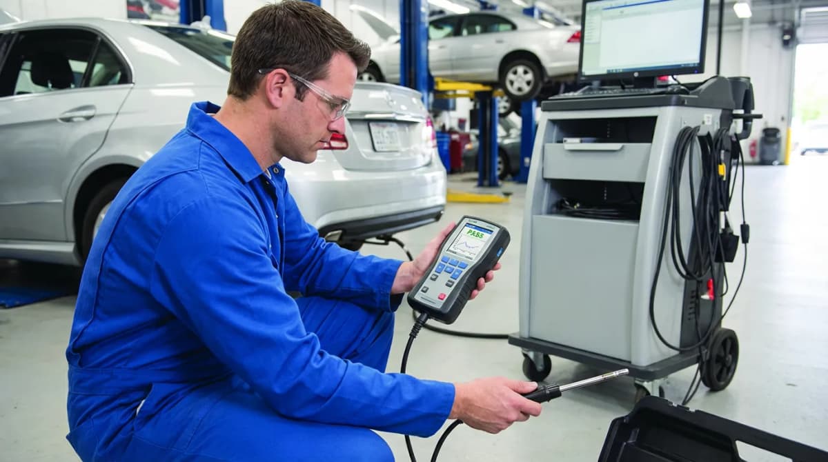 Technicien effectuant un contrôle technique avec appareil de mesure des particules