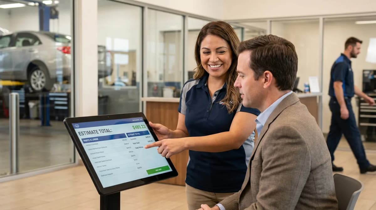 Réceptionnaire de garage présentant un devis clair sur écran à un client