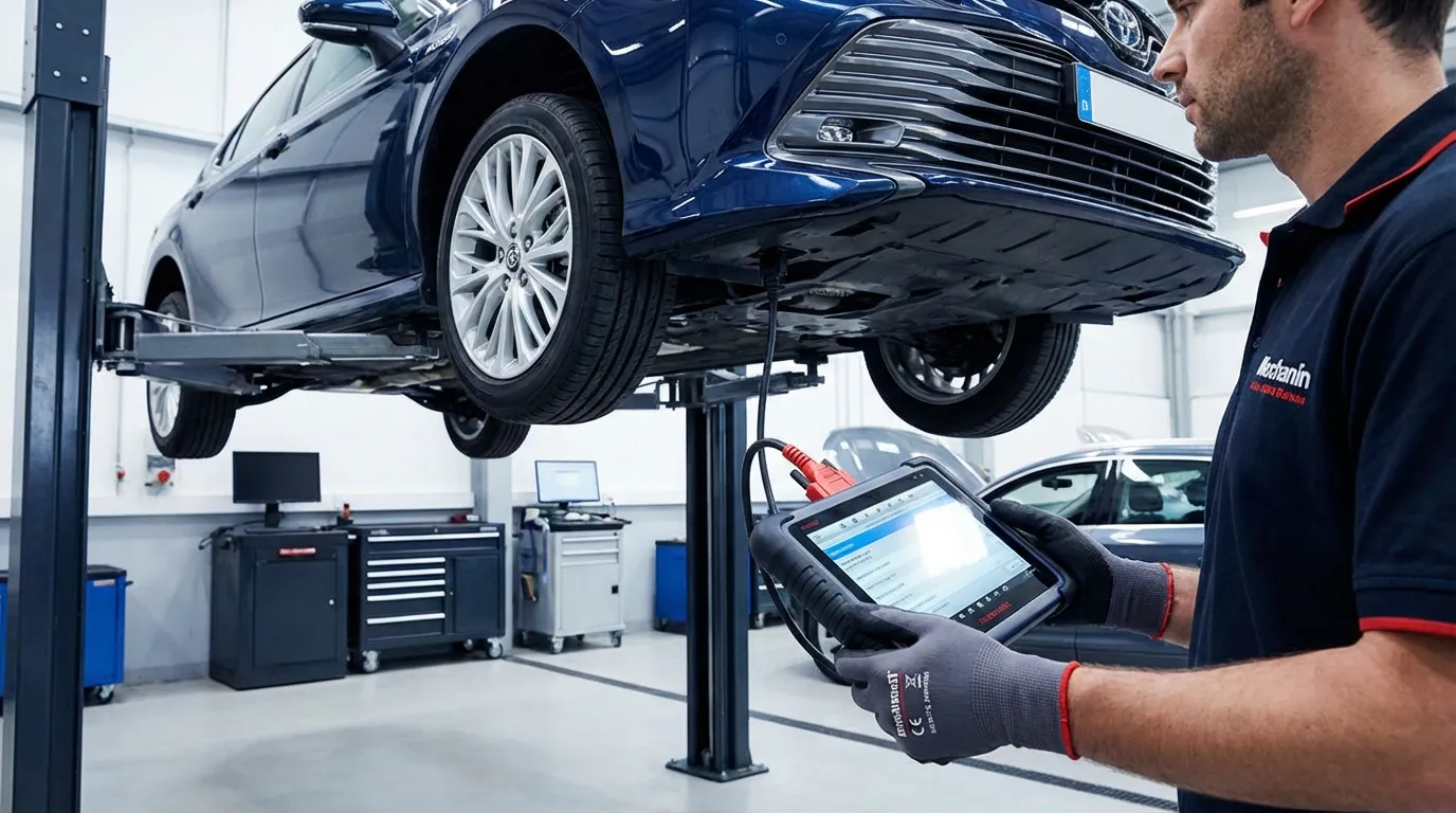 Valise de diagnostic automobile connectée à un véhicule sur un pont de garage