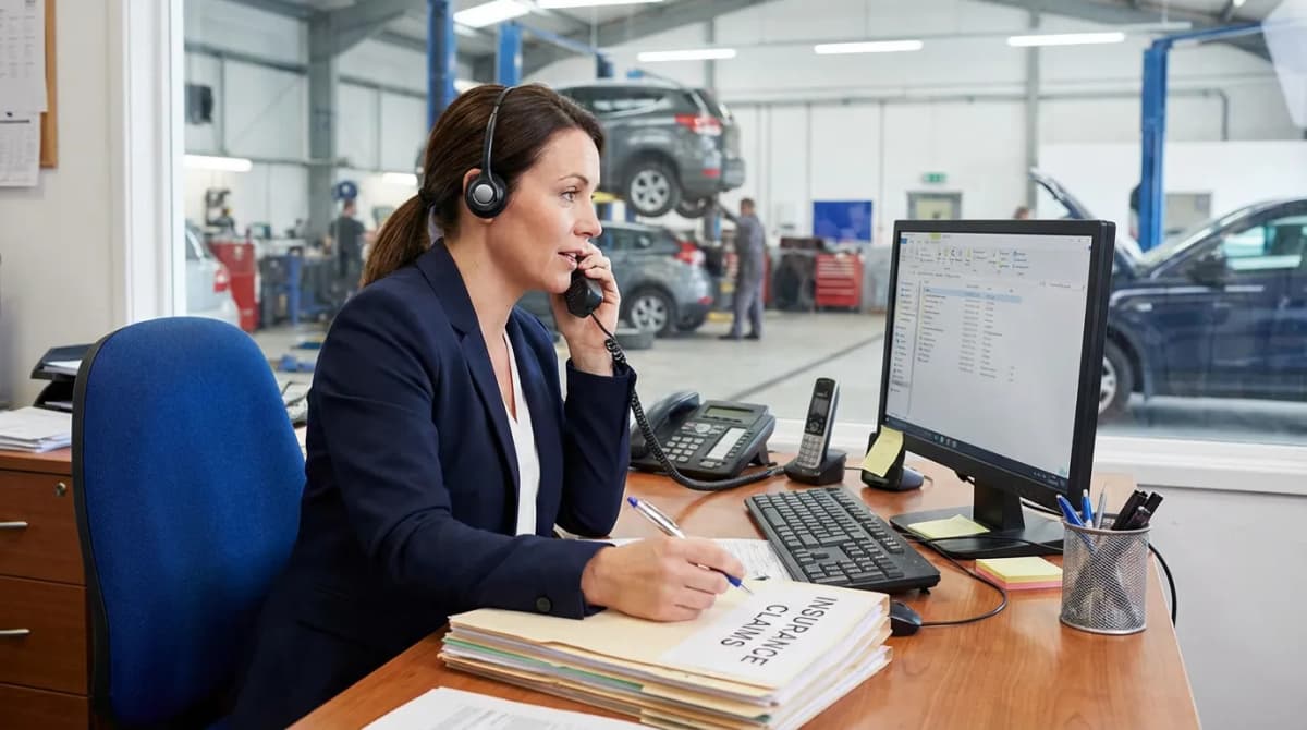 Réceptionnaire de carrosserie au téléphone préparant un dossier expertise