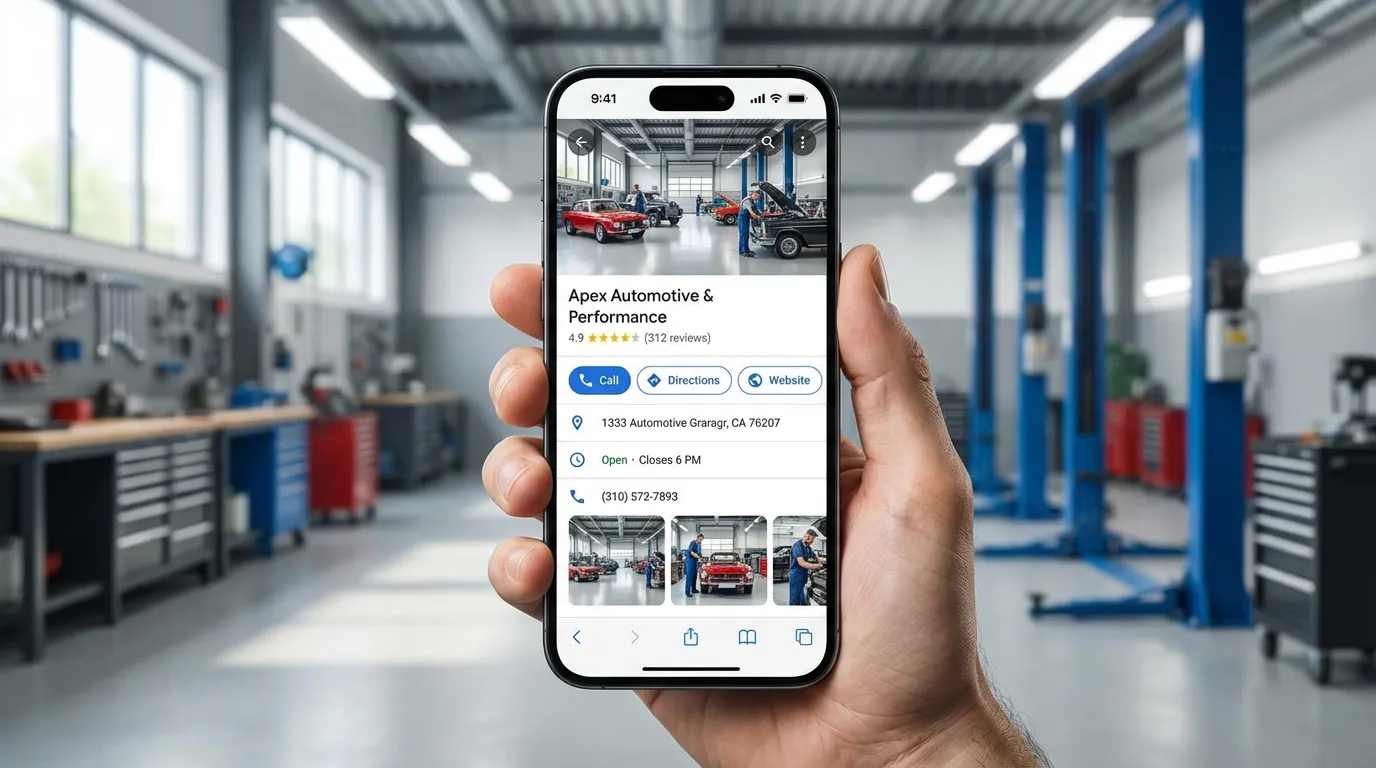 Fiche Google Business d'un garage automobile vue sur smartphone