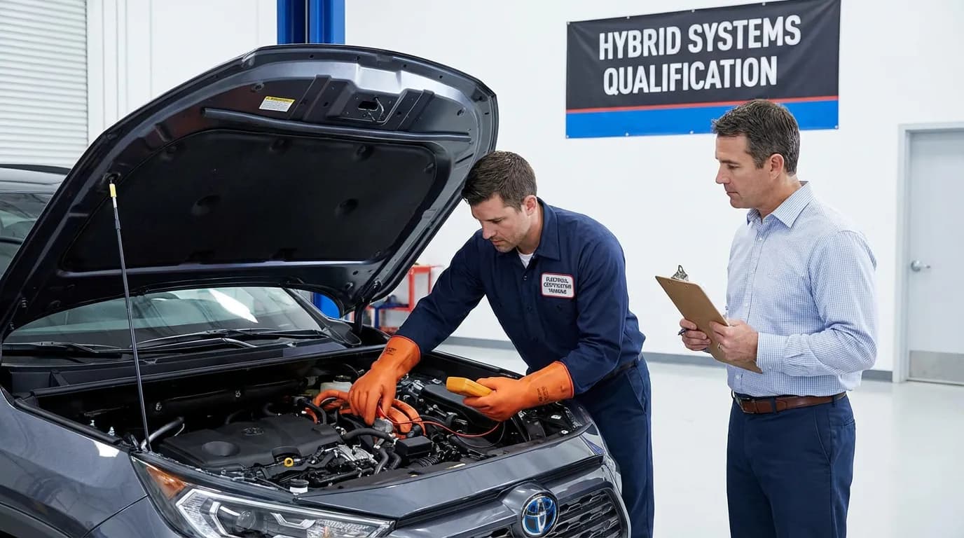 Mécanicien en formation habilitation électrique avec gants isolants sur véhicule hybride