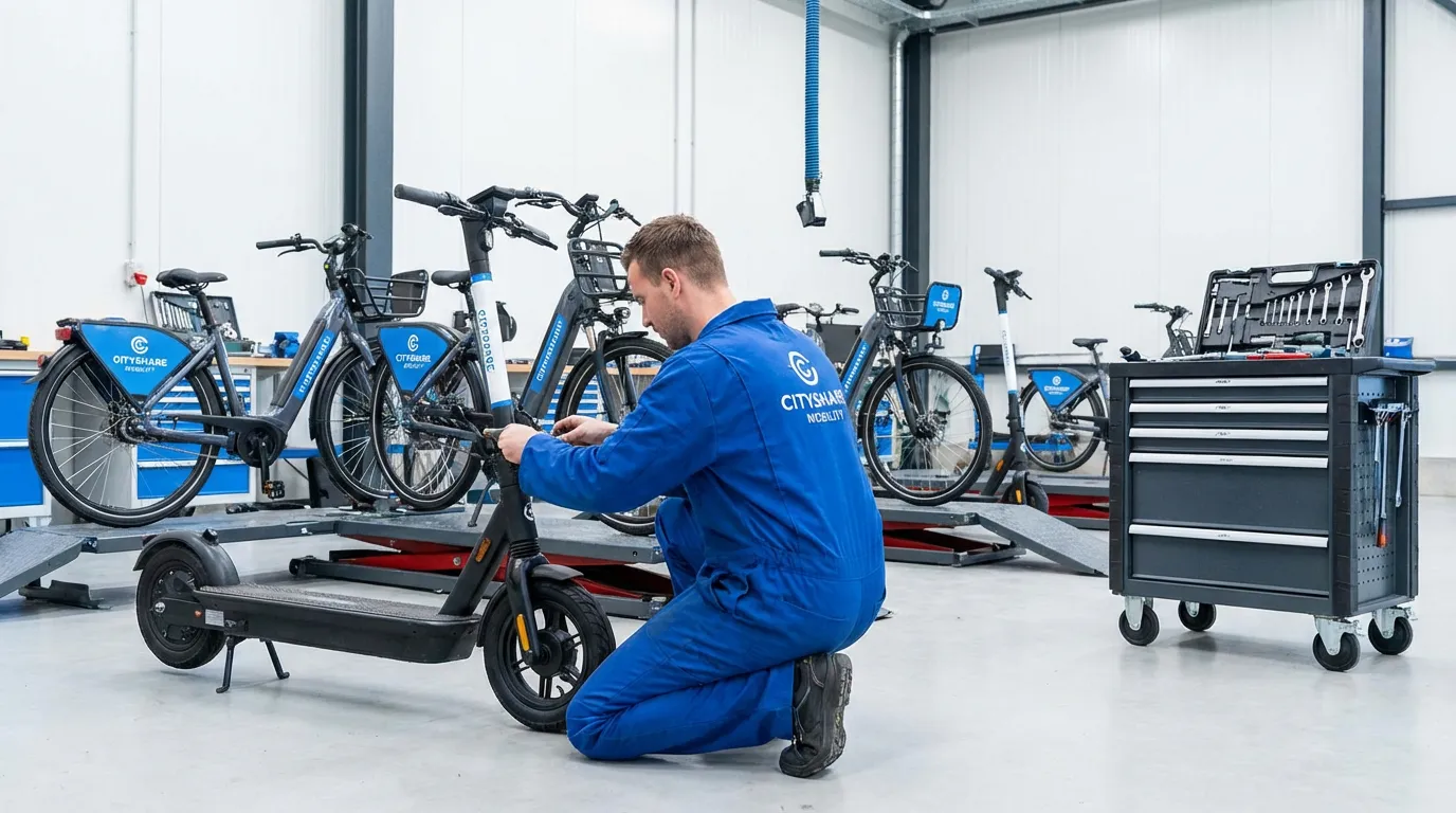 Mécanicien entretenant une flotte de véhicules de mobilité partagée dans un atelier