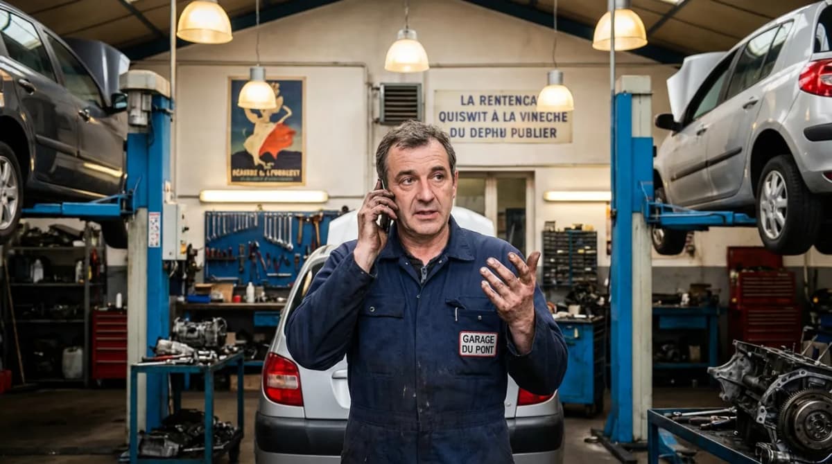Mécanicien répondant à un appel client depuis l'atelier d'un garage