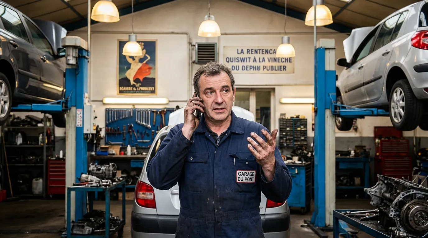 Mécanicien répondant à un appel client depuis l'atelier d'un garage
