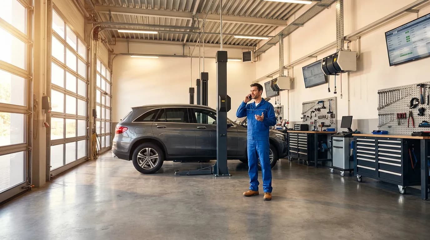 Mécanicien répondant au téléphone dans un garage automobile moderne et organisé