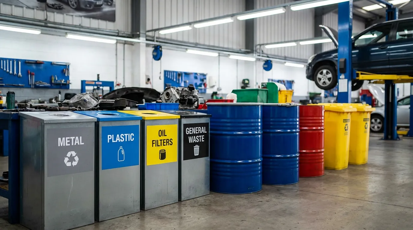 Bacs de tri des déchets dans un atelier mécanique automobile