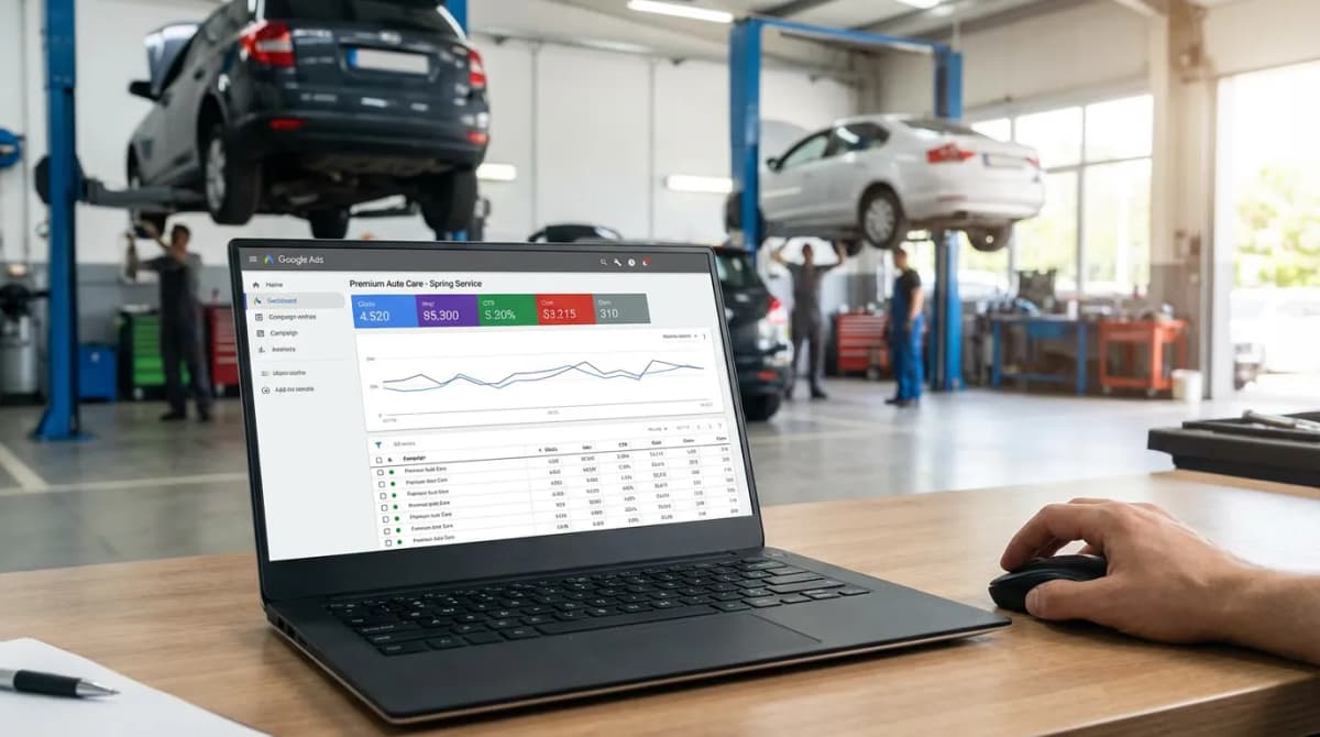 Écran Google Ads avec campagne pour un garage automobile