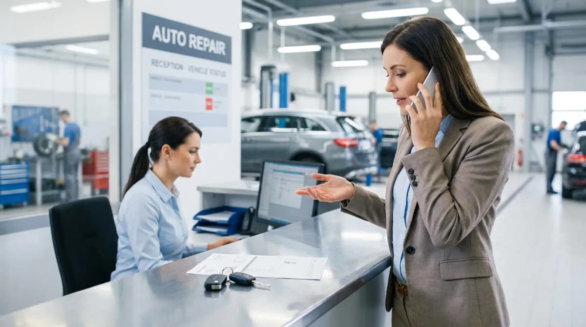 Client au téléphone demandant si sa voiture est prête au garage