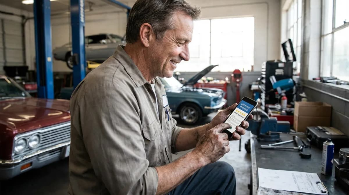Gérant de garage consultant les avis clients sur son téléphone