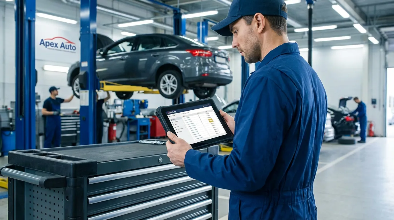 Garagiste utilisant une tablette pour gérer son atelier