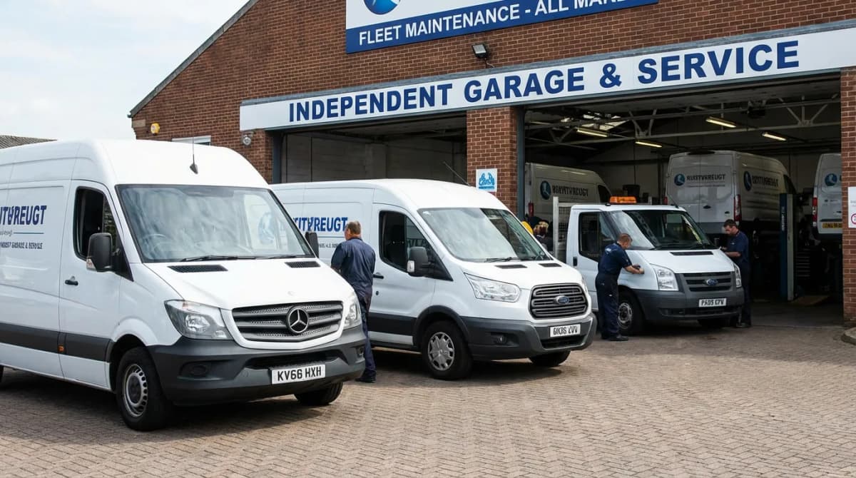 Flotte de véhicules utilitaires garés devant un garage indépendant