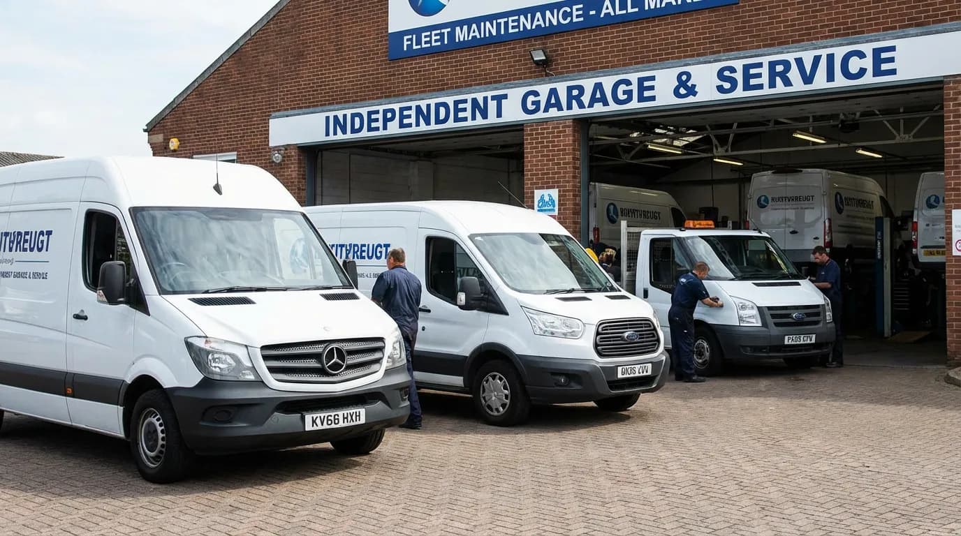 Flotte de véhicules utilitaires garés devant un garage indépendant