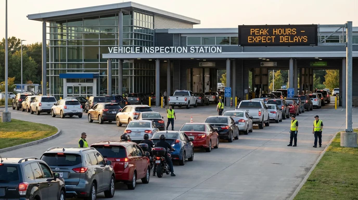 File de véhicules devant un centre de contrôle technique pendant un pic d'activité
