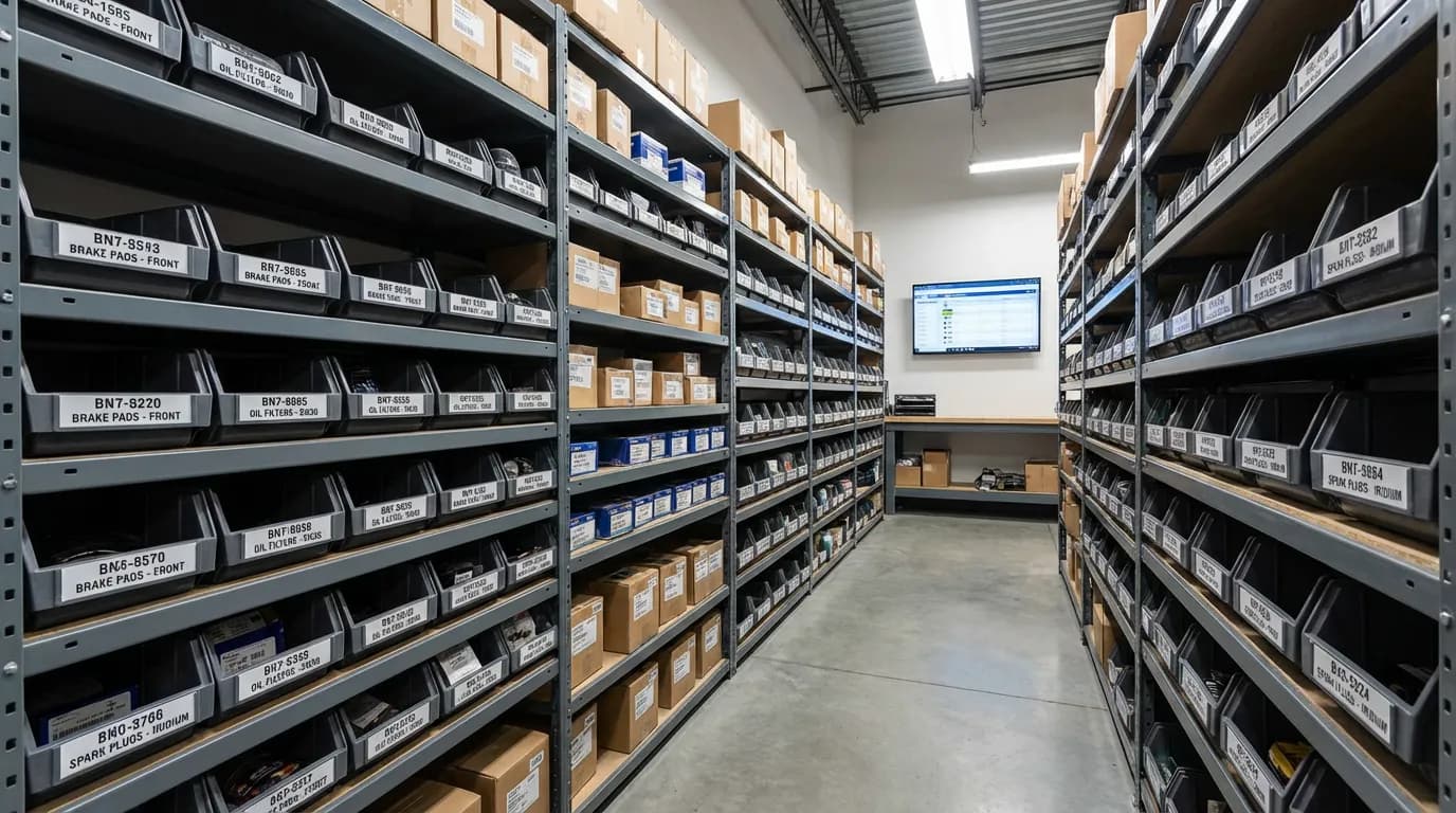 Étagères de pièces détachées organisées dans un garage automobile