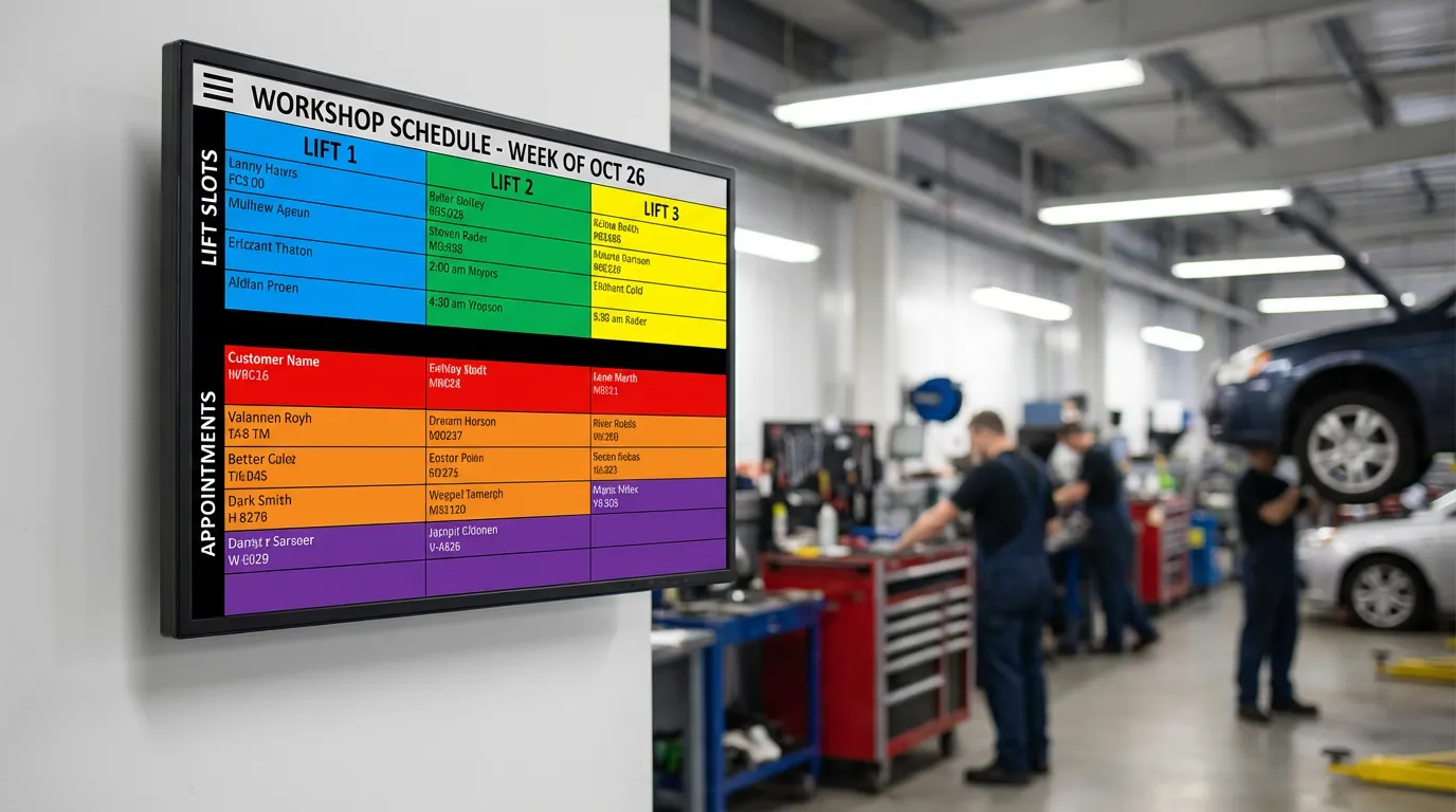Planning atelier affiché sur un écran dans un garage avec créneaux colorés par pont