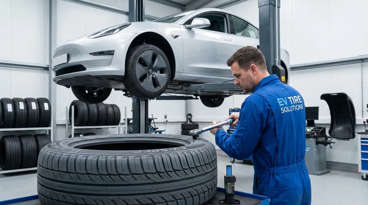 Pneus spécifiques pour véhicule électrique montés sur un pont de garage