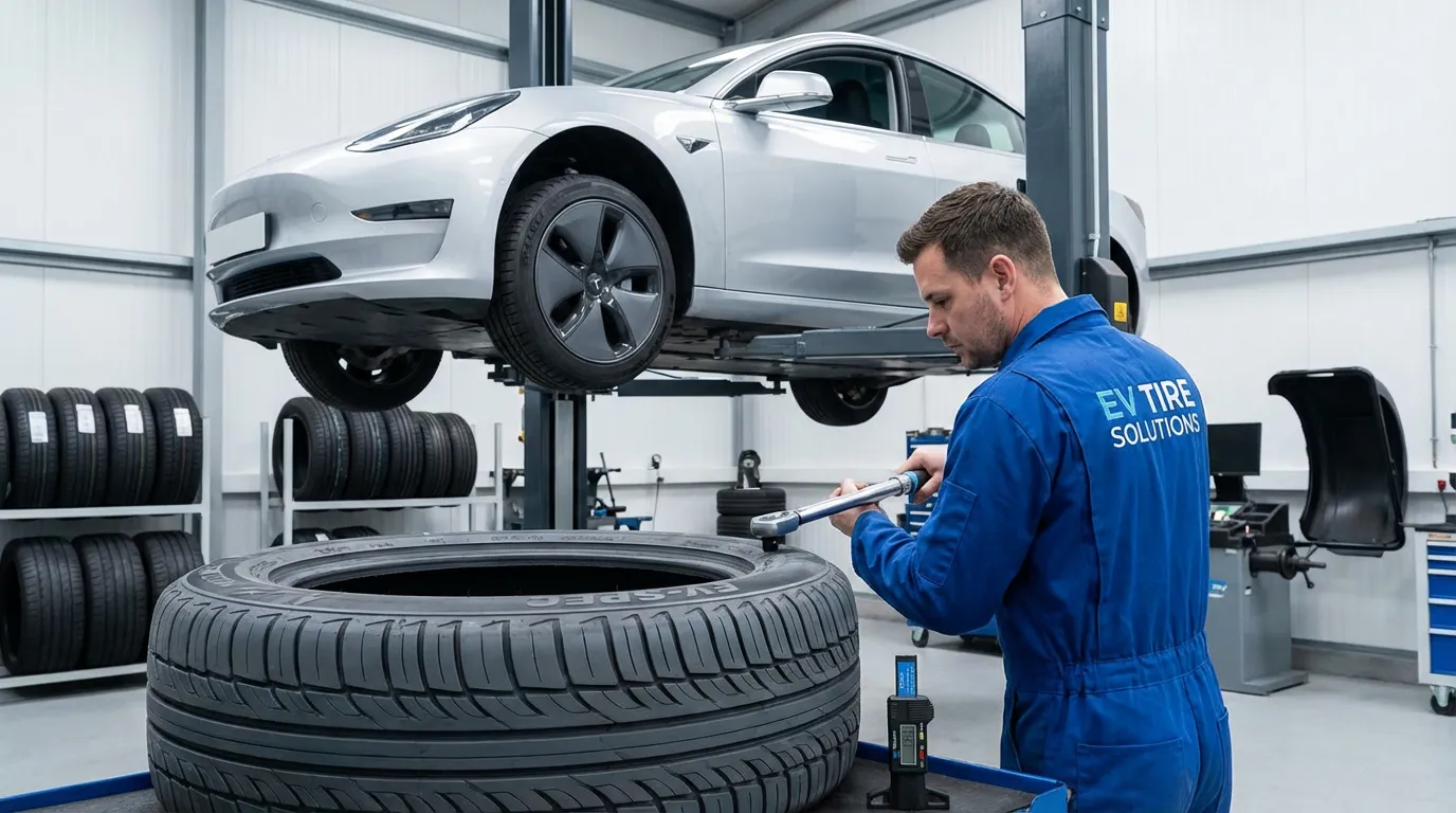 Pneus spécifiques pour véhicule électrique montés sur un pont de garage