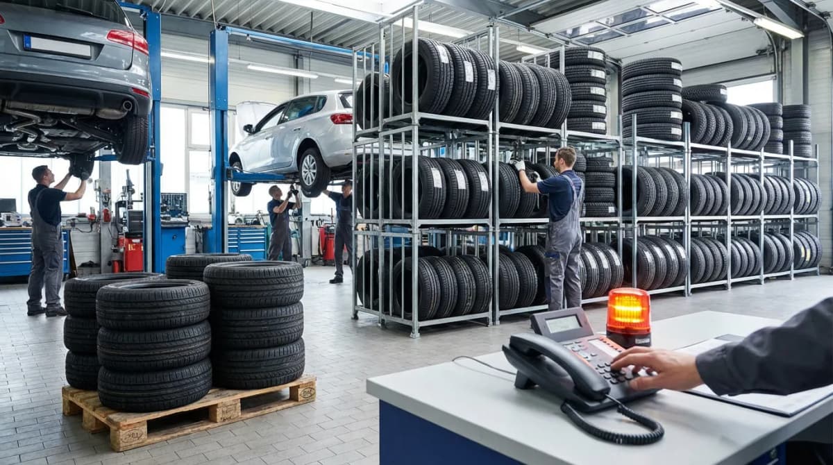 Garage automobile avec stock de pneus et téléphone qui sonne pendant le rush saisonnier