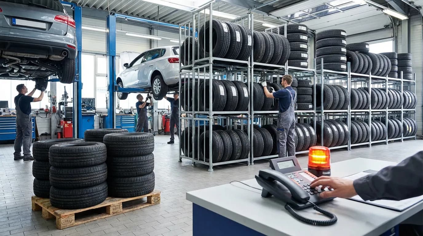 Garage automobile avec stock de pneus et téléphone qui sonne pendant le rush saisonnier