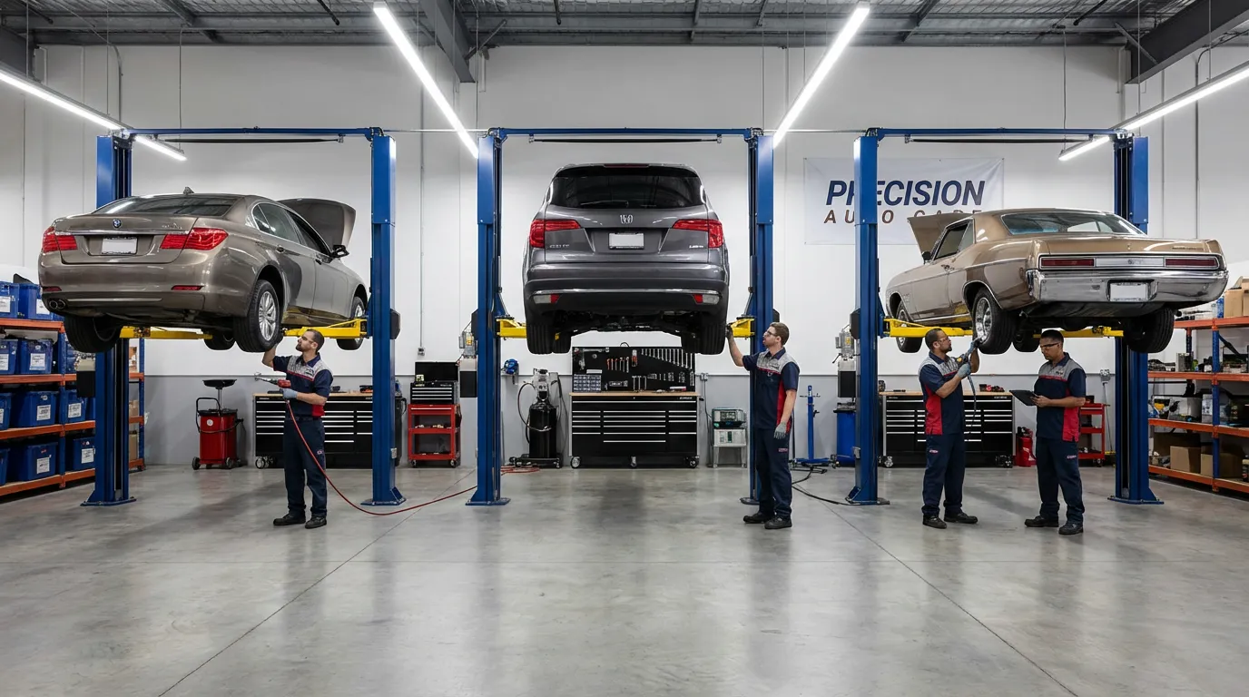 Atelier automobile organisé avec mécaniciens travaillant efficacement sur plusieurs ponts