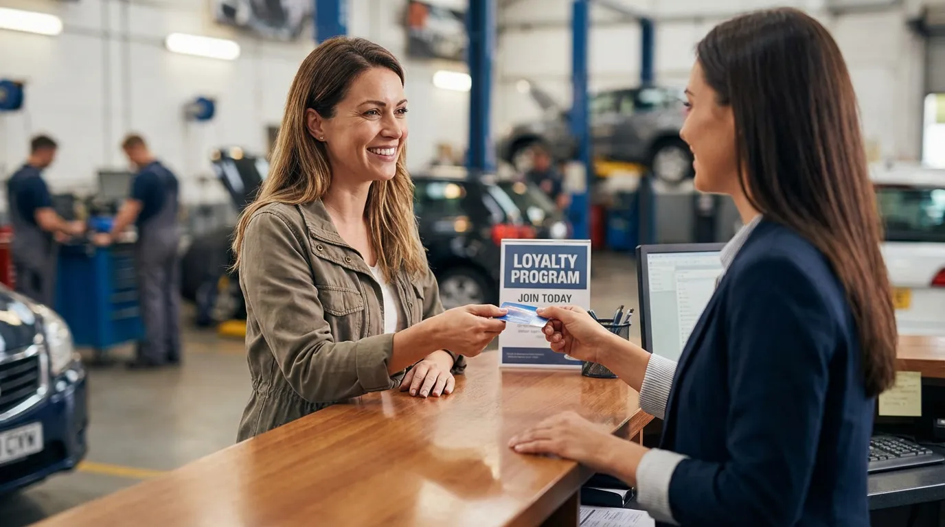 Client recevant une carte fidélité dans un garage automobile