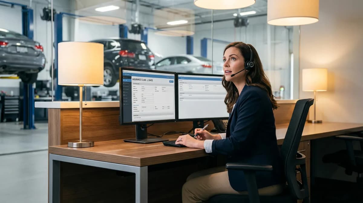 Réceptionnaire de garage qualifiant un sinistre automobile au téléphone avec efficacité