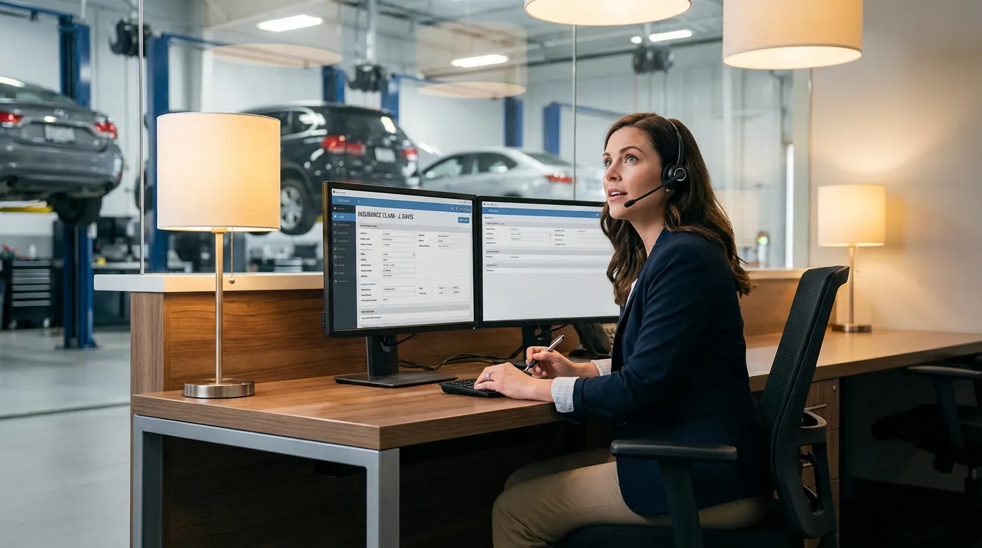 Réceptionnaire de garage qualifiant un sinistre automobile au téléphone avec efficacité