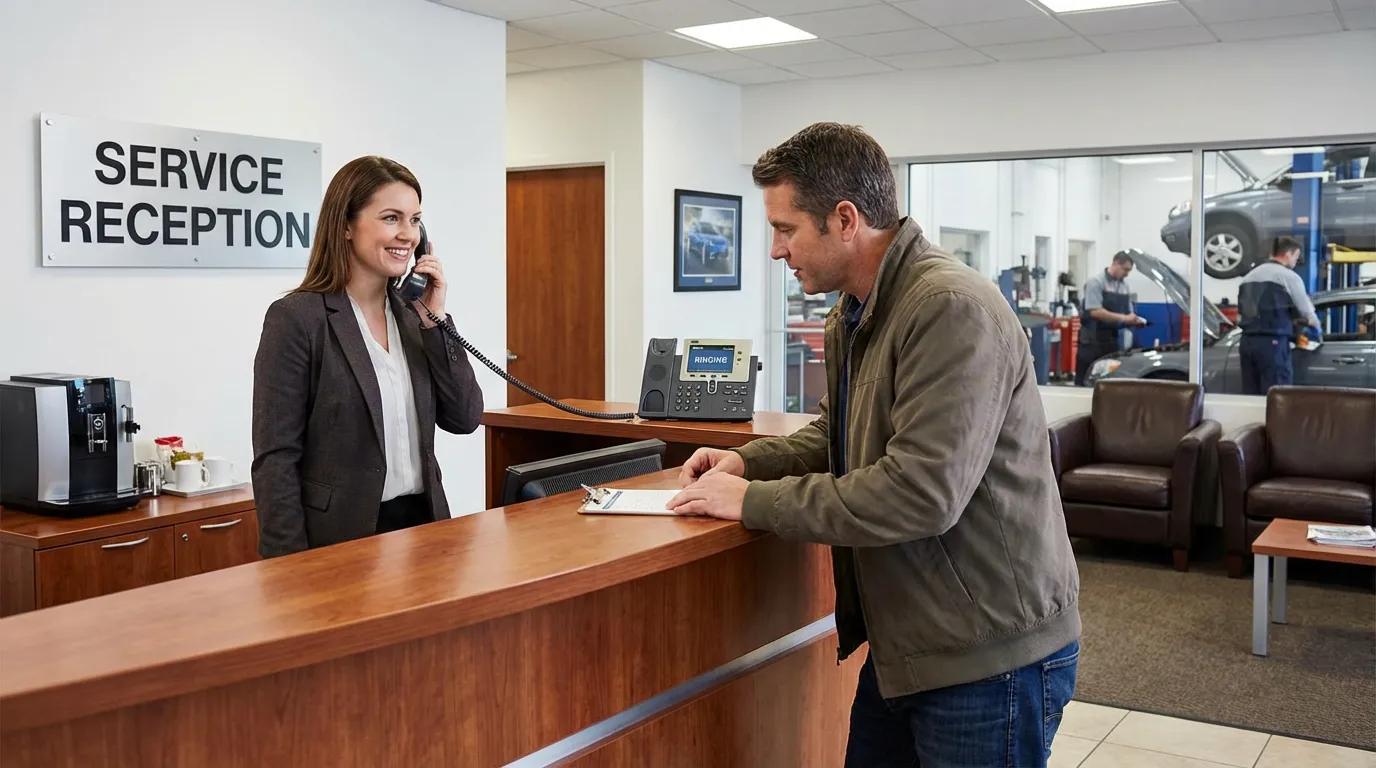 Réceptionnaire de garage au comptoir avec un client et un téléphone