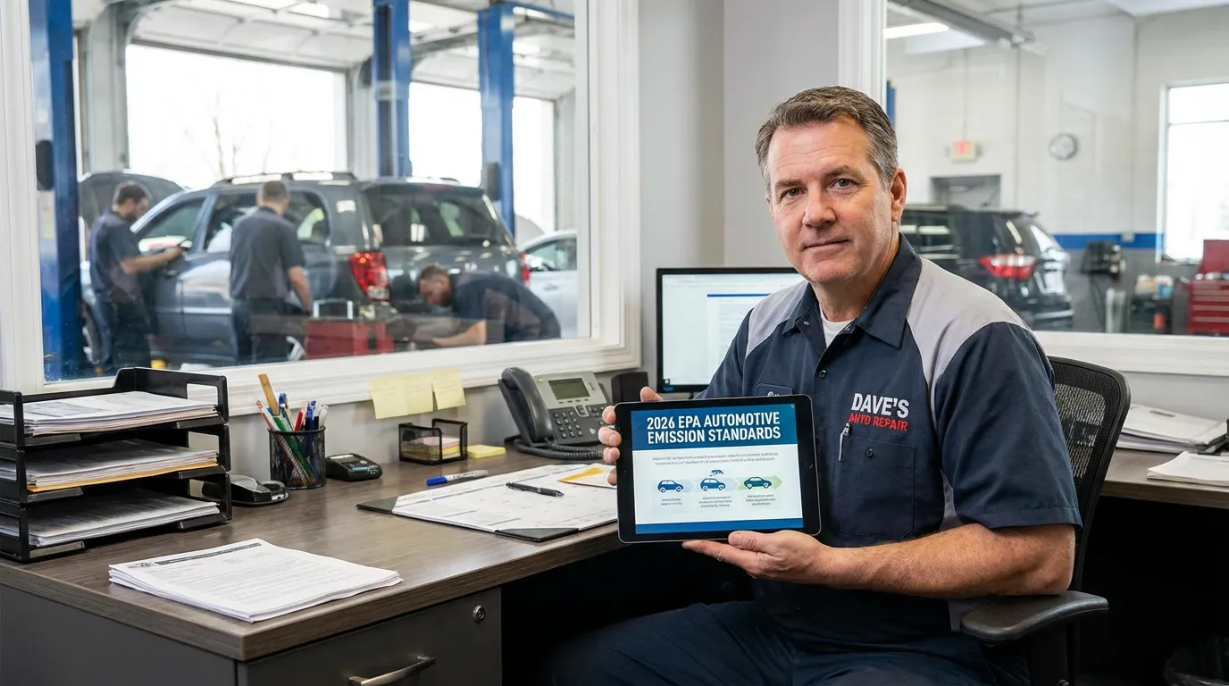 Gérant de garage consultant les nouvelles réglementations 2026 sur tablette