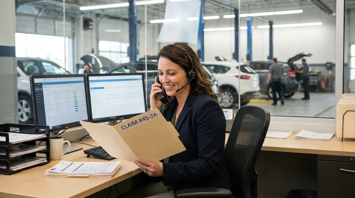 Réceptionniste de carrosserie au téléphone avec un dossier de sinistre automobile