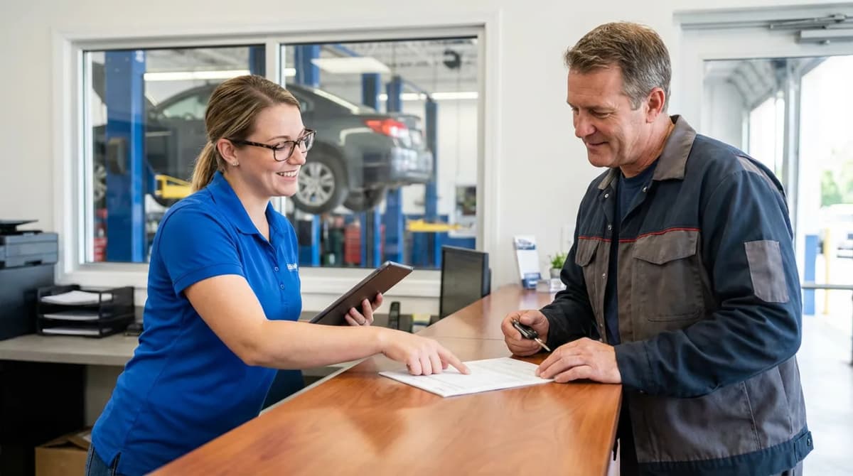 Réceptionnaire de garage expliquant un devis à un client satisfait