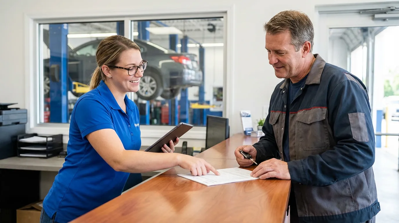 Réceptionnaire de garage expliquant un devis à un client satisfait