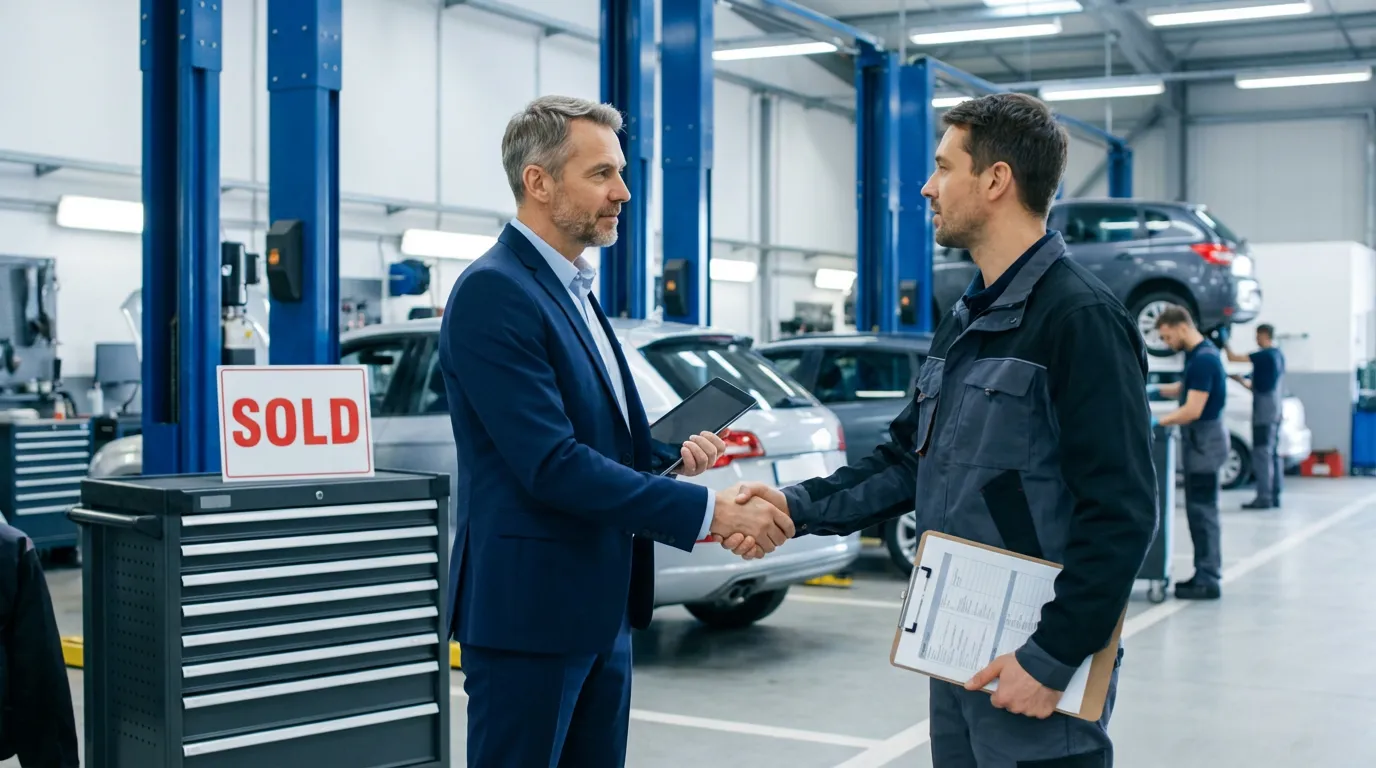 Repreneur visitant un garage automobile avec le cédant
