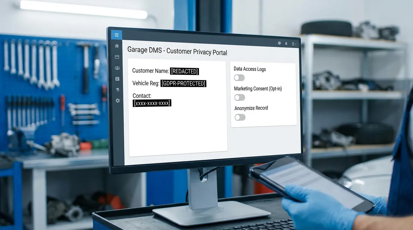 Écran de DMS garage affichant des données clients protégées par le RGPD