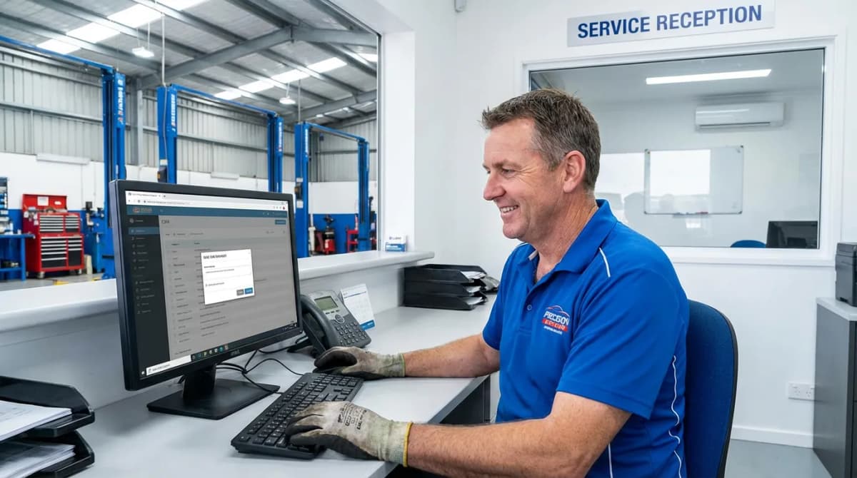 Mécanicien envoyant un SMS de rappel révision depuis la réception du garage