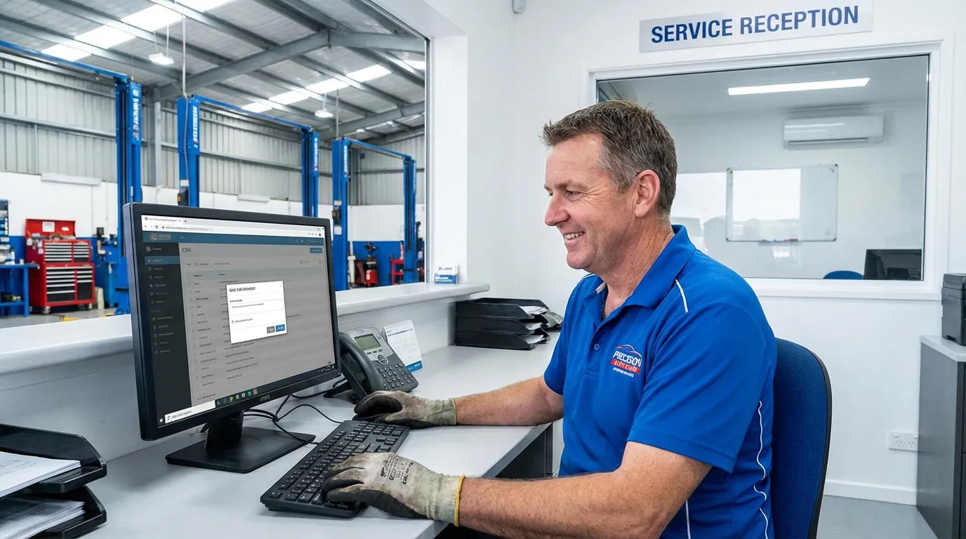 Mécanicien envoyant un SMS de rappel révision depuis la réception du garage