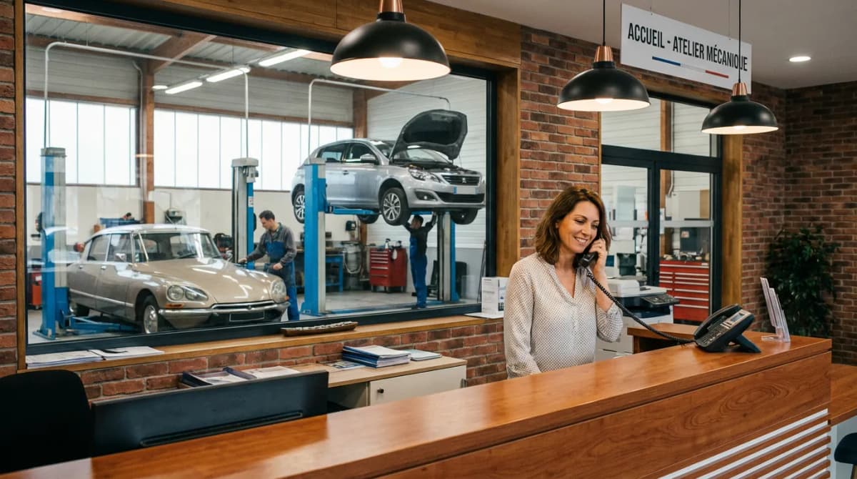 Réceptionniste de garage automobile répondant au téléphone devant l'atelier