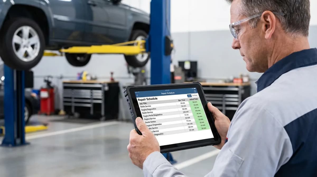 Mécanicien consultant un barème de temps de réparation sur tablette