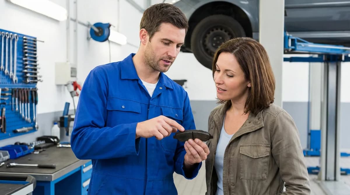 Mécanicien montrant une plaquette de frein usée à un client dans l'atelier
